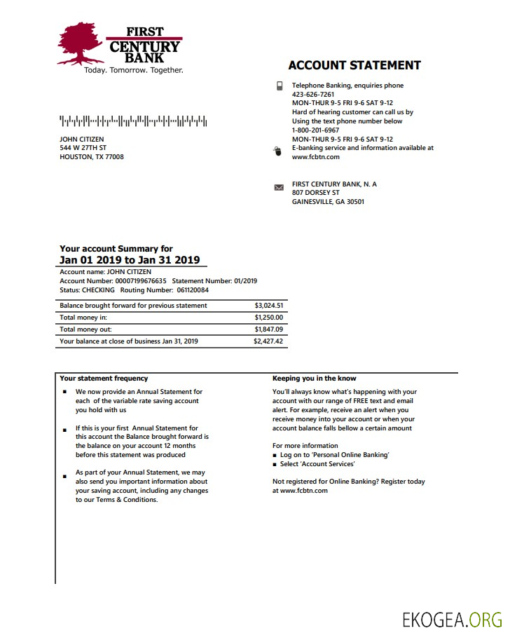 États Unis Géorgie Gainesville Relevé bancaire du premier siècle